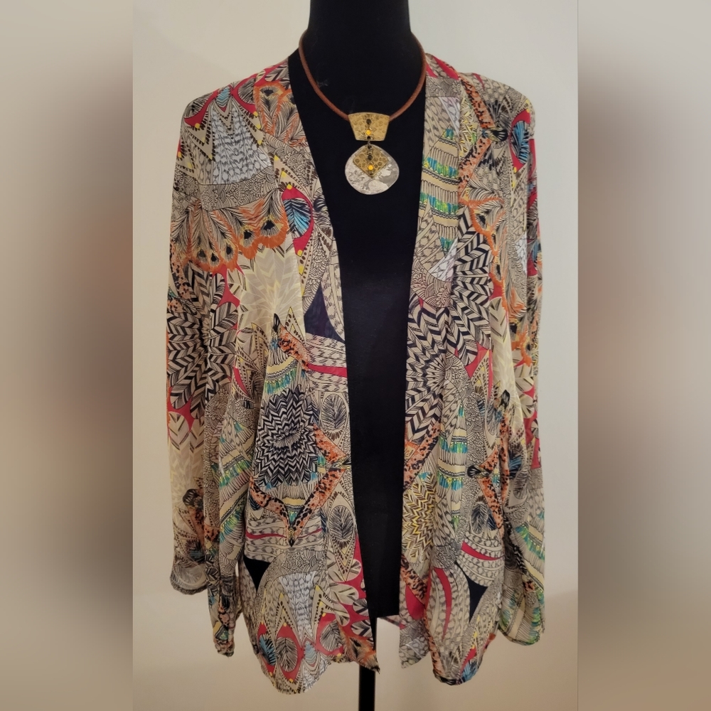Haute Society shear kimono style top sz sm/med. Colorful print
